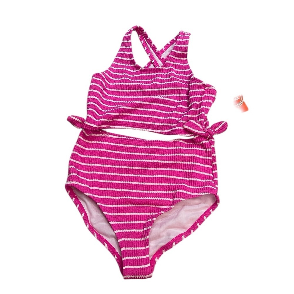 Wonder Nation Pink White Stripes Ribbed Cutout Bow Tie Sides Swimsuit Girls size